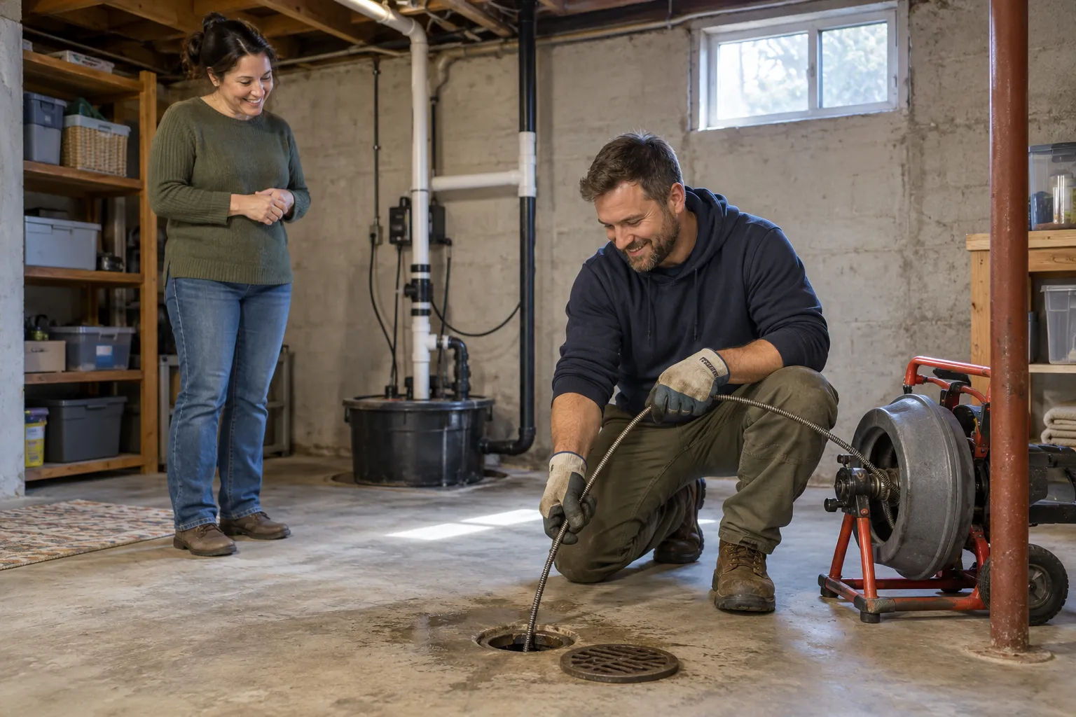 A friendly local provider using a drain cleaning machine in a home basement in Independence while a homeowner looks on