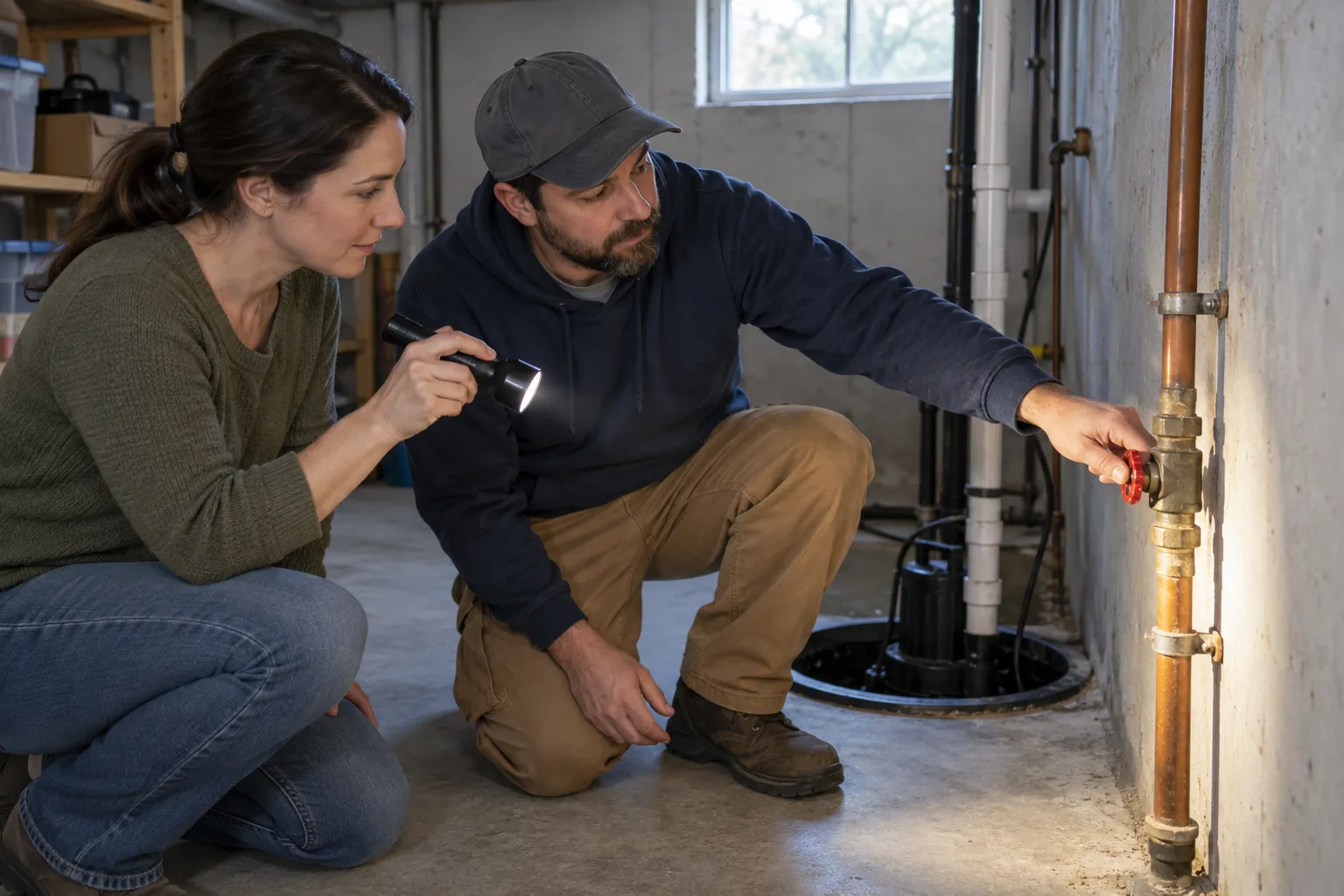 A friendly local plumber checking a pipe under a basement ceiling in a Independence home