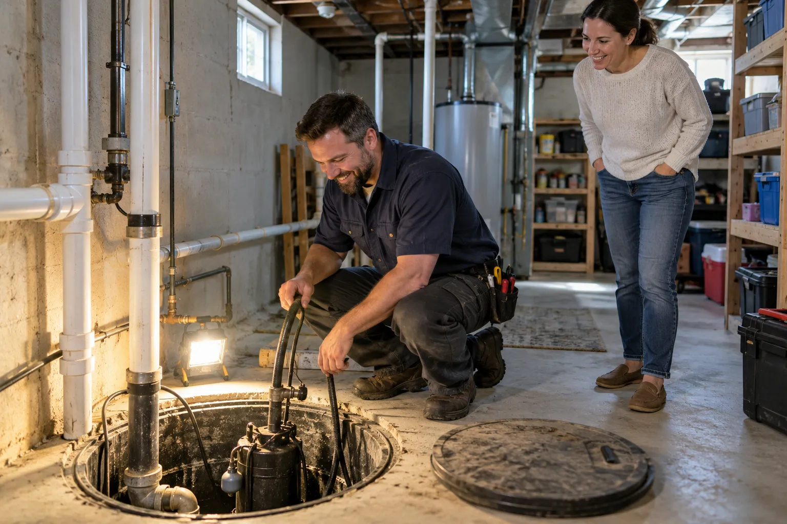 A plumber checking a basement sump pit in a the Independence area home