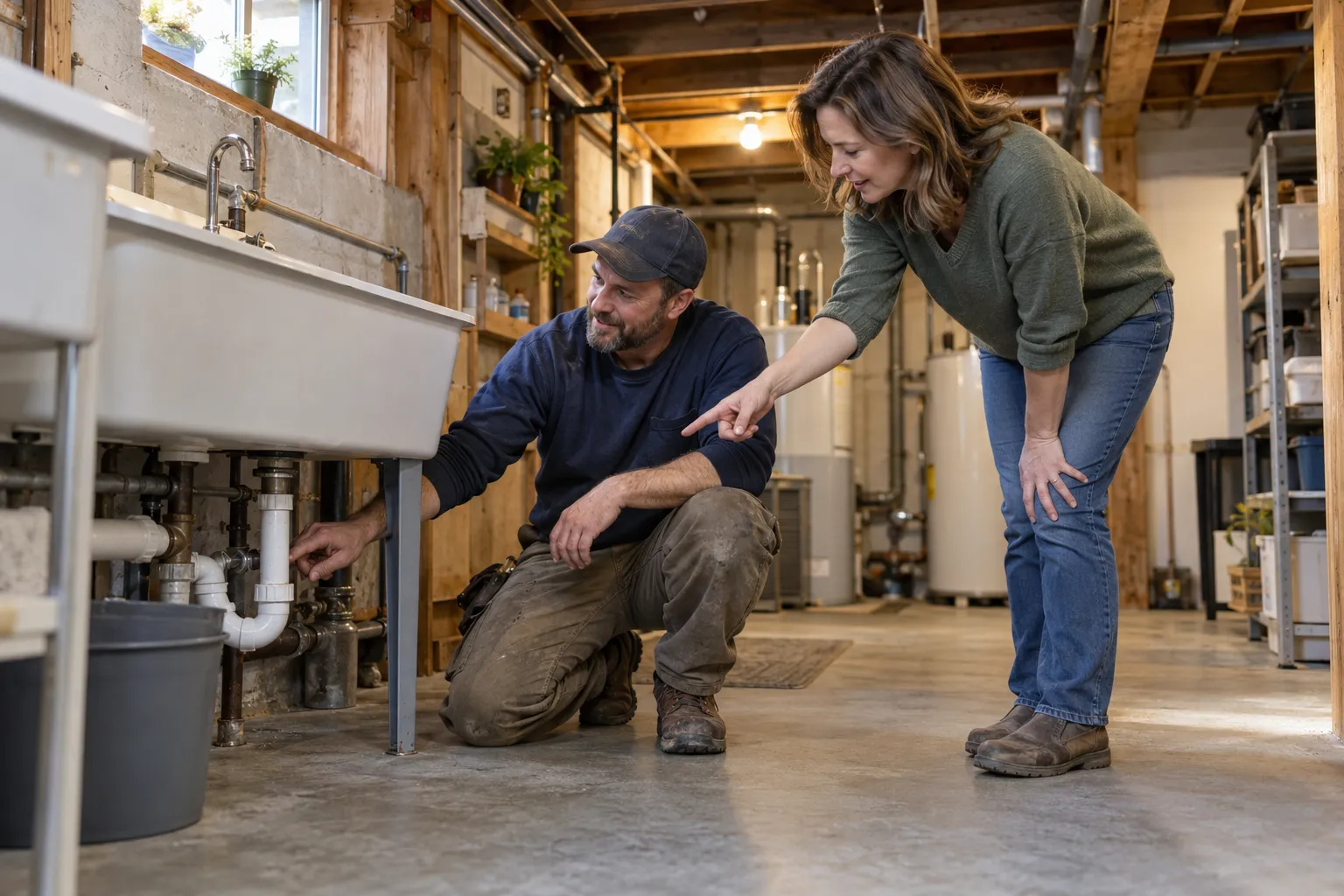 A homeowner in Independence talking calmly with a plumber beside a basement sink