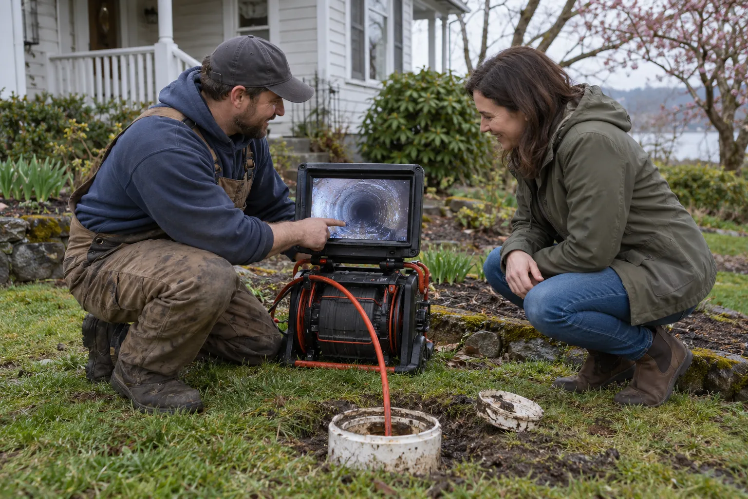A friendly local plumbing provider showing a homeowner a camera inspection screen near a yard cleanout in the Independence area